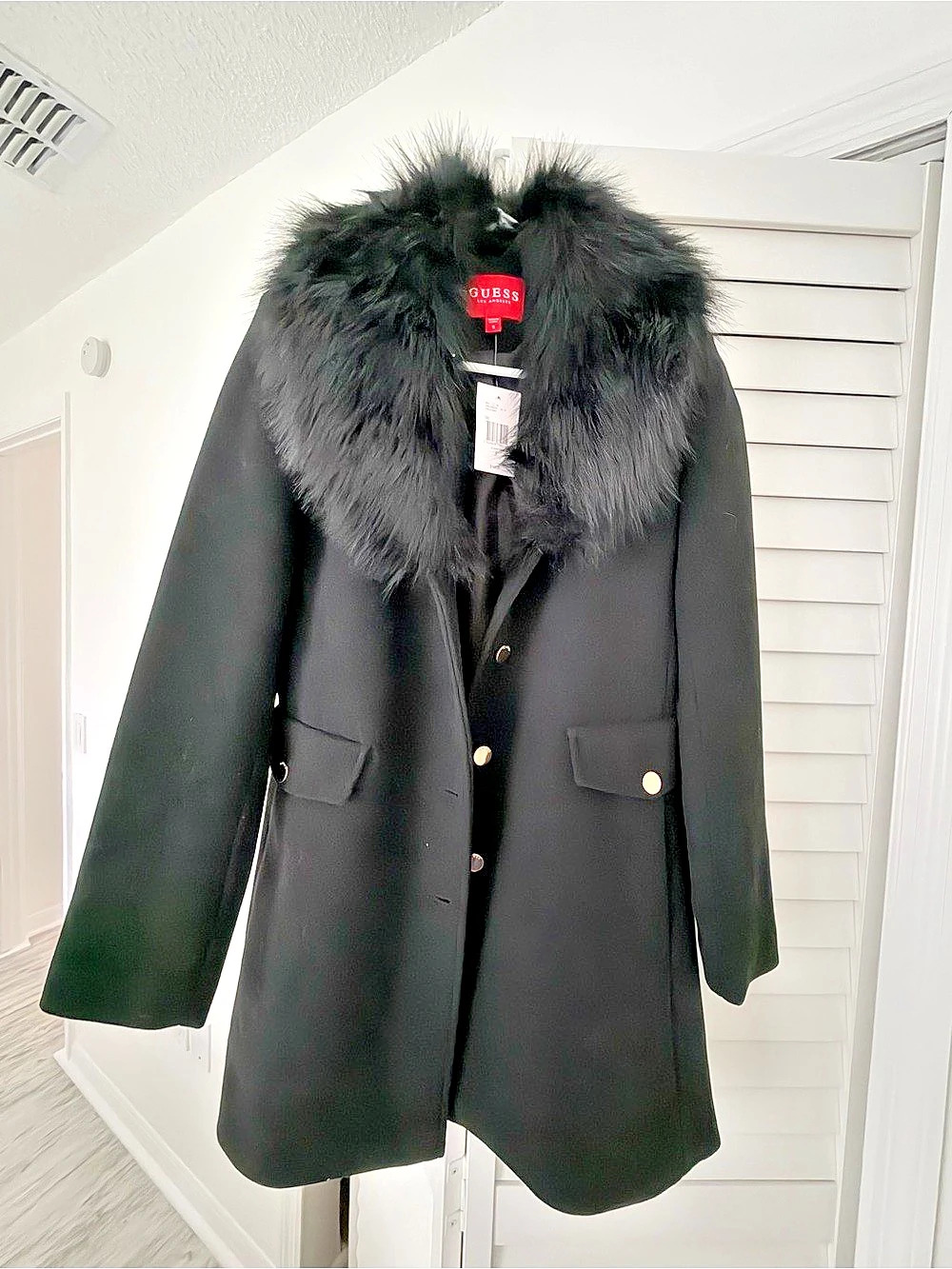 GUESS Faux Fur Collar Coat in Black Small Like New